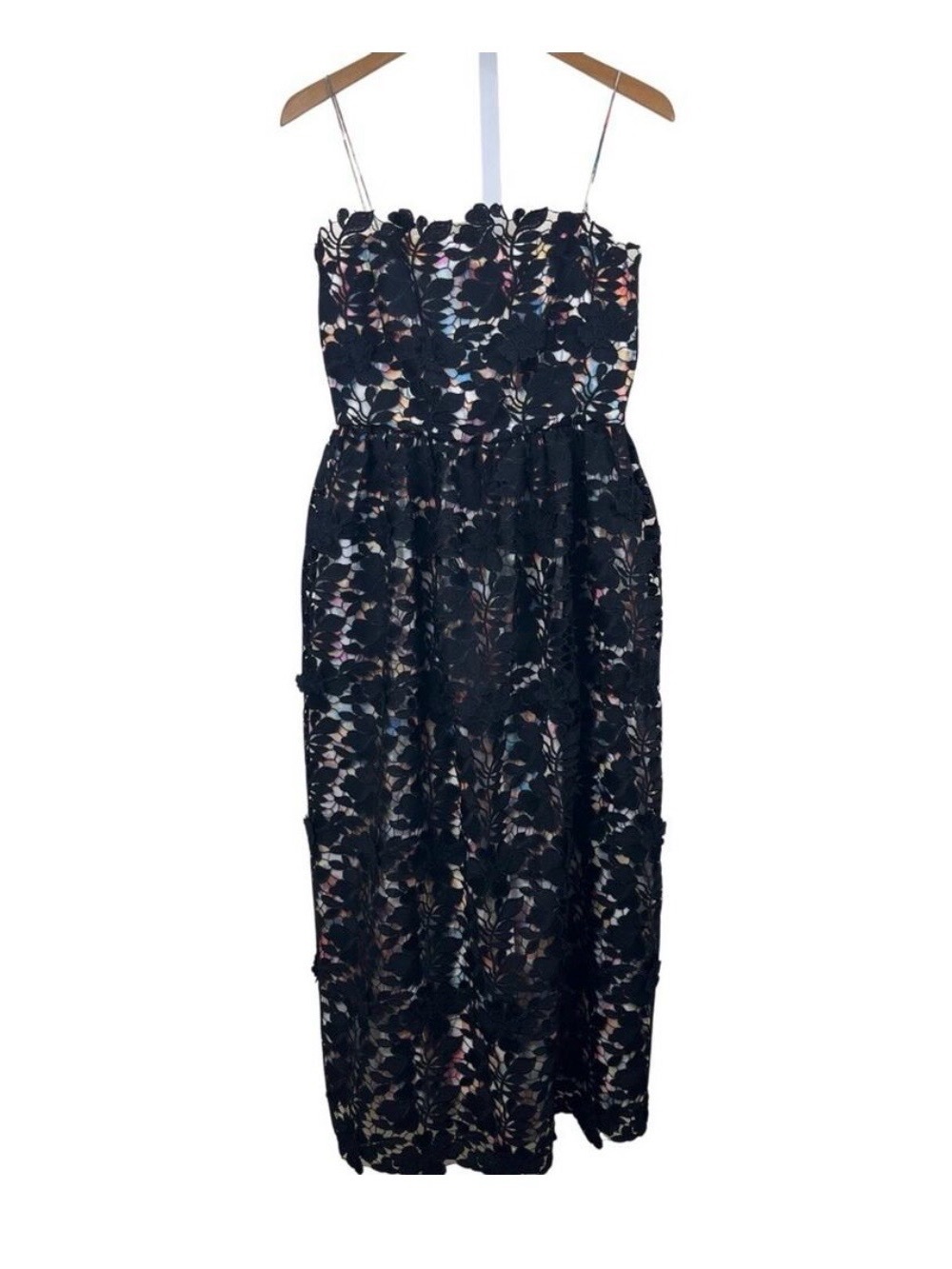 Black Floral Lace Midi Dress with Subtle Multicolor Underlay - Picture 4 of 5
